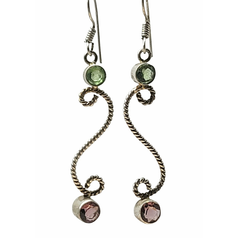 Silver Rope Dangle Earrings with Peridot and Amethyst Stones